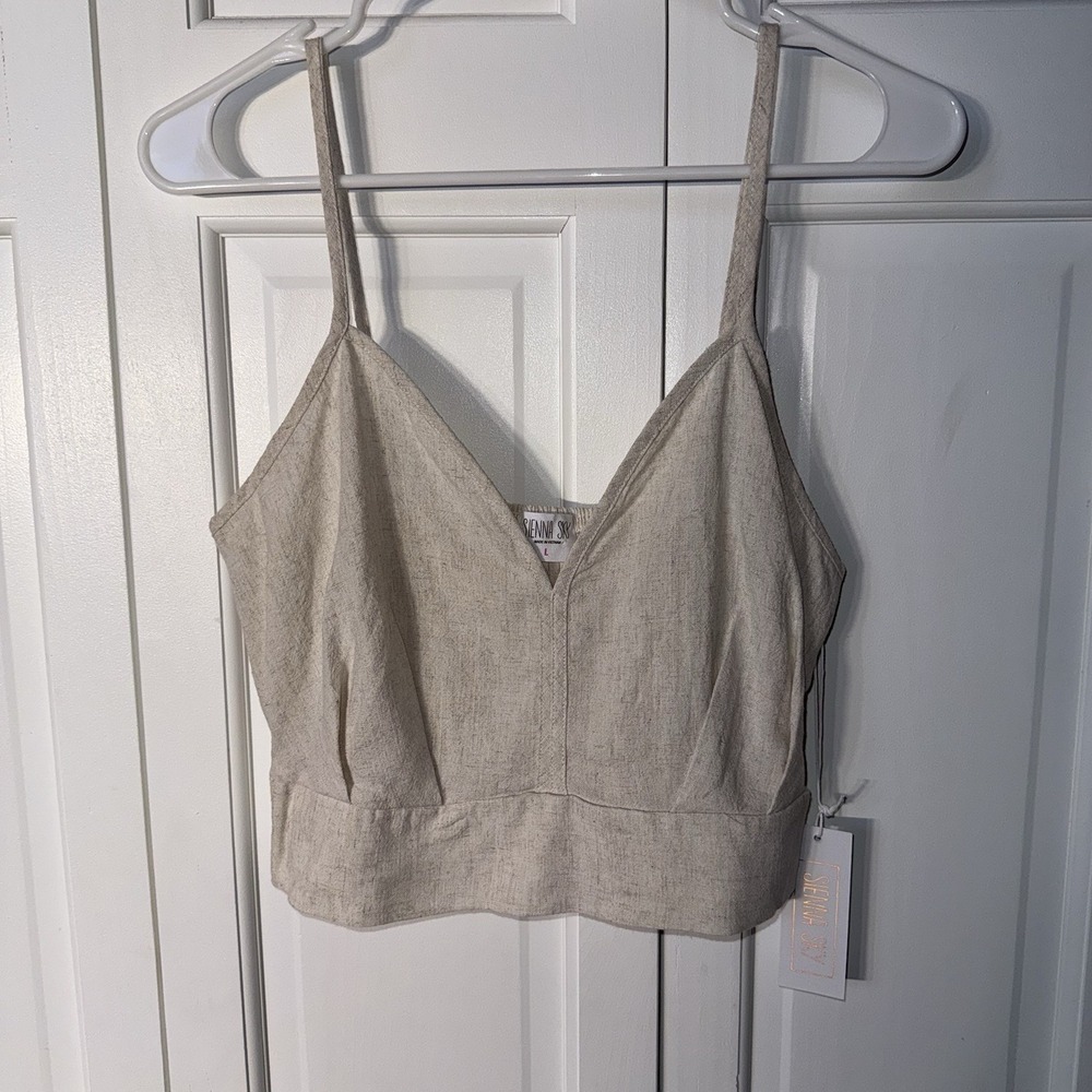 Sienna Sky Cream Linen Blend Crop Top V-Neck Brawl Cami Women's New Tag Large
